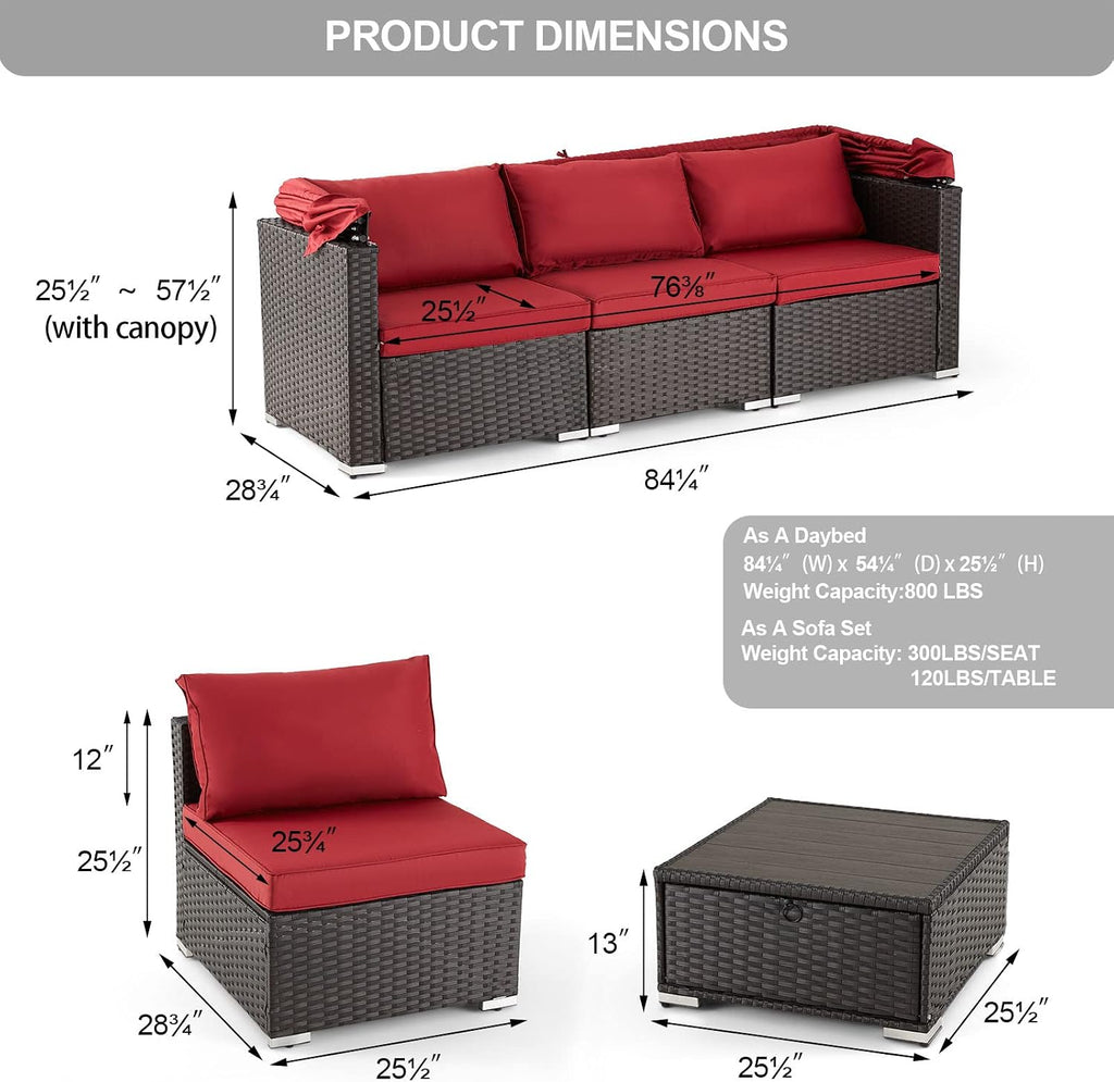 6 Pieces Patio Conversation Sets, Rectangle Wicker Daybed with Canopy, Adjustable Backrest, Storable Tea Table, Outdoor Sunbed for Backyard Garden Poolside(Wine Red)