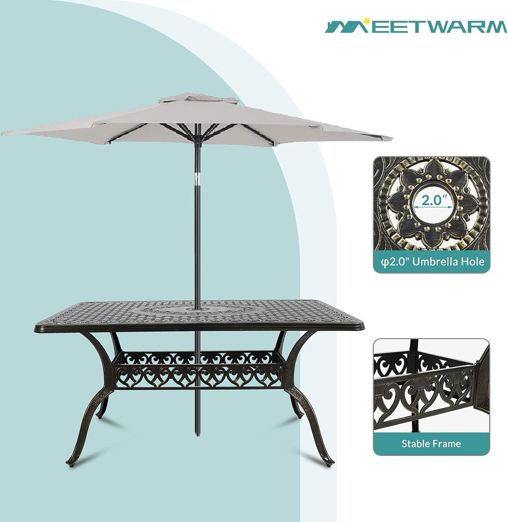 MEETWARM 7-Piece Outdoor Patio Dining Set, All-Weather Cast Aluminum Patio Conversation Set for Backyard Garden Deck with 6 Cushioned Chairs, 1 Rectangular Table, 2' Umbrella Hole, Dark Bronze