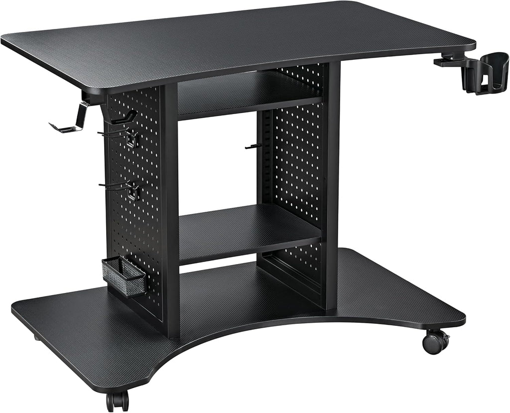 EUREKA ERGONOMIC Gaming Desk Computer, 37' Rolling Desk on Wheels for Small Space, Mobile Computer Cart with Pegboards Adjustable Shelves for Gaming PS Switch Home Office - Black