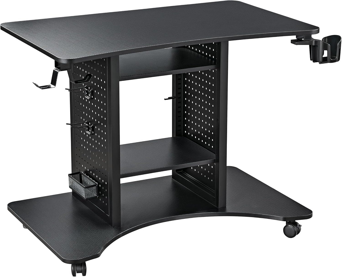 EUREKA ERGONOMIC Gaming Desk Computer, 37' Rolling Desk on Wheels for Small Space, Mobile Computer Cart with Pegboards Adjustable Shelves for Gaming PS Switch Home Office - Black