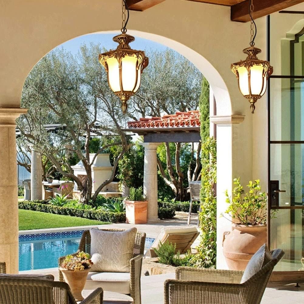 Chandelier Outdoor Aluminum Hanging Lantern, Waterproof Glass Chandelier, Corridor Courtyard Decoration Ceiling Aisle Villa Garden Pavilion Grapee Light/Brass/31 * 50Cm
