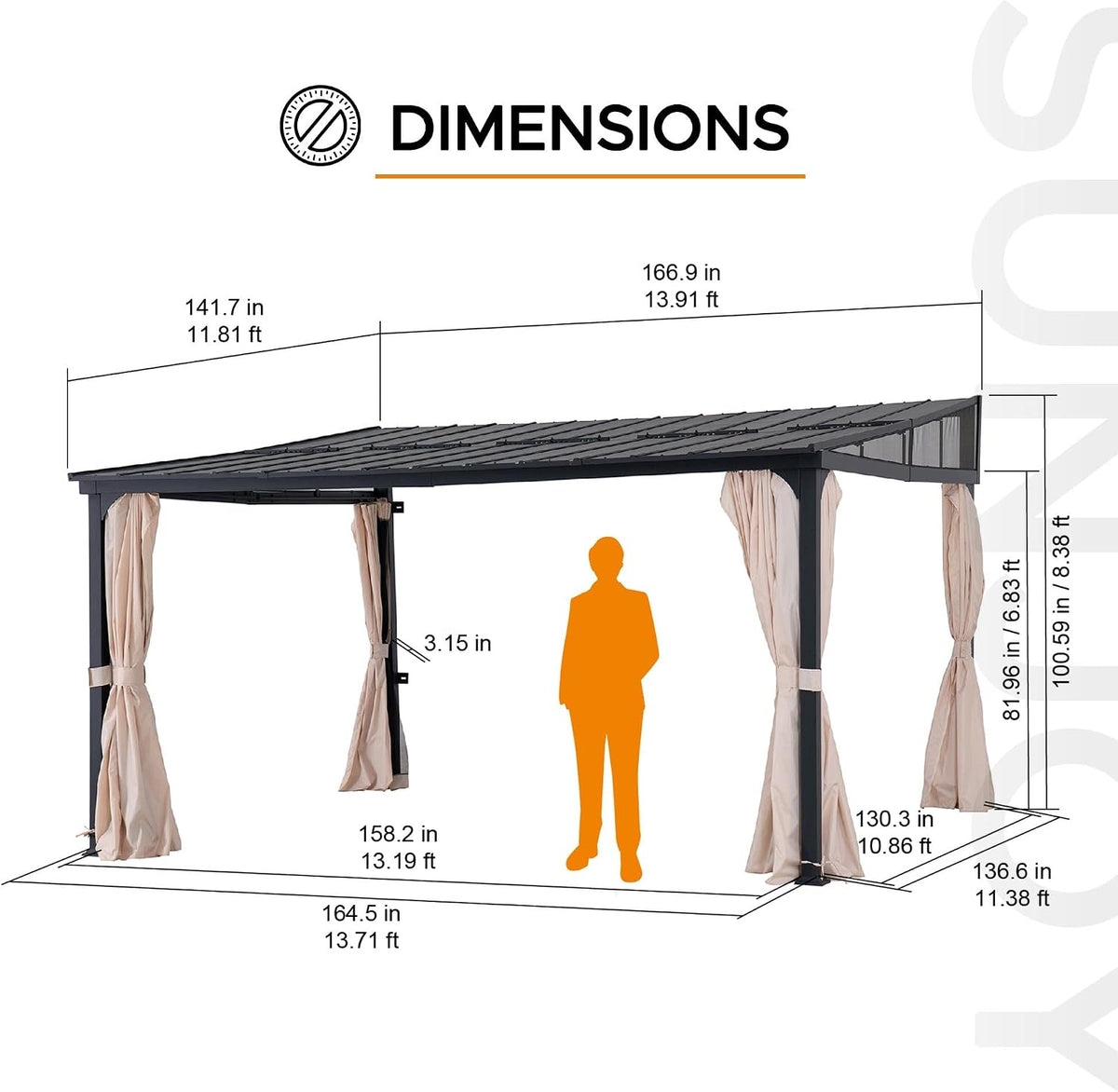 Sunjoy 12 x 14 ft Wall Mounted Gazebo with Powder Coated Steel Roof, Black Aluminum & Metal Frame Lean to Gazebo with Curtains and Netting