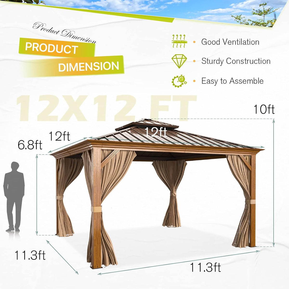 EROMMY 12'x12' Hardtop Gazebo, Wood Grain Aluminum Frame Outdoor Gazebo with Double Galvanized Steel Roof, Permanent Metal Pavilion with Curtains and Nettings for Patio, Backyard, Deck and Lawns