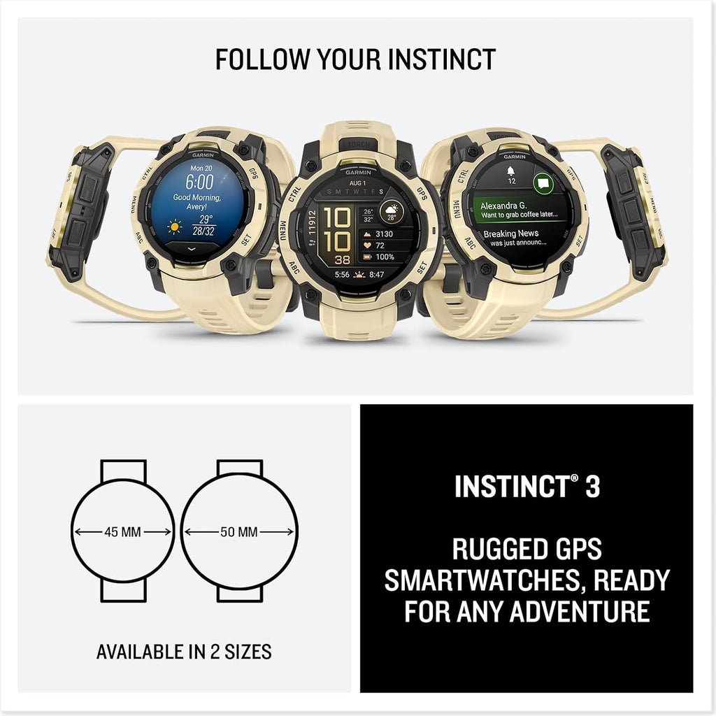 Garmin Instinct 3-45 mm, AMOLED Display, 18 Day Battery, Rugged Outdoor GPS Smartwatch, Built-in Flashlight, Alpine Rush Collection Limited Edition Color, Citrine with Citrine Band Bundle