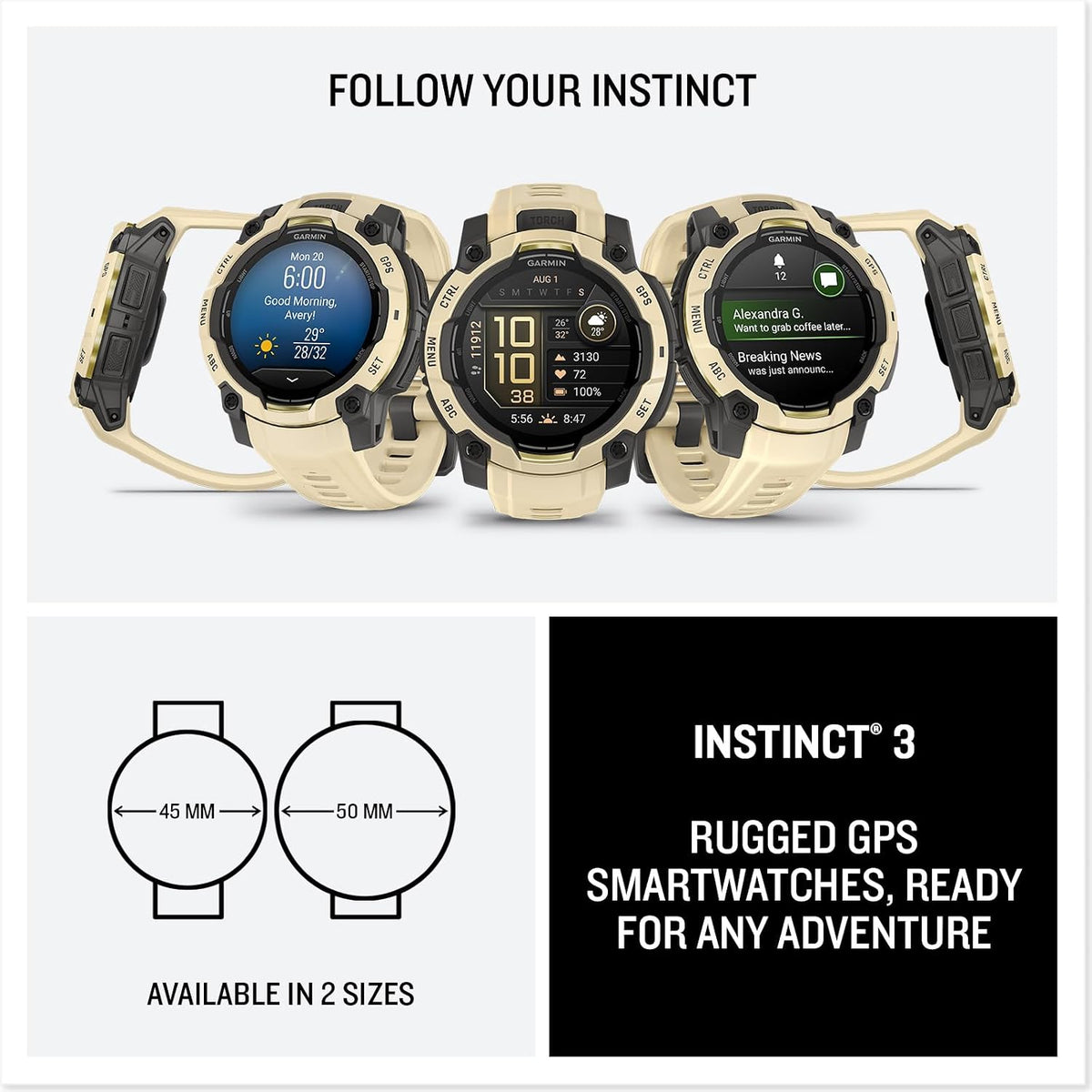 Garmin Instinct 3-45 mm, AMOLED Display, 18 Day Battery, Rugged Outdoor GPS Smartwatch, Built-in Flashlight, Alpine Rush Collection Limited Edition Color, Citrine with Citrine Band Bundle