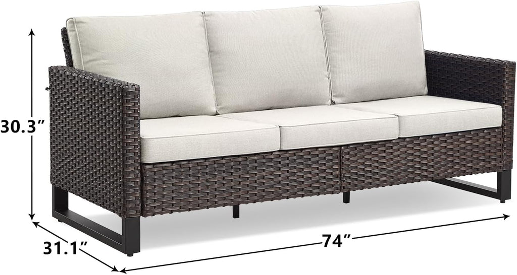 Rilyson Luxury Wicker Outdoor Couch Patio Sofa - 3 Seater Rattan Outdoor Patio Couch Water Resistant,Comfortable Cushions and Sturdy Metal Frame for Outside Porch Deck Backyard Garden(Brown/Blue)