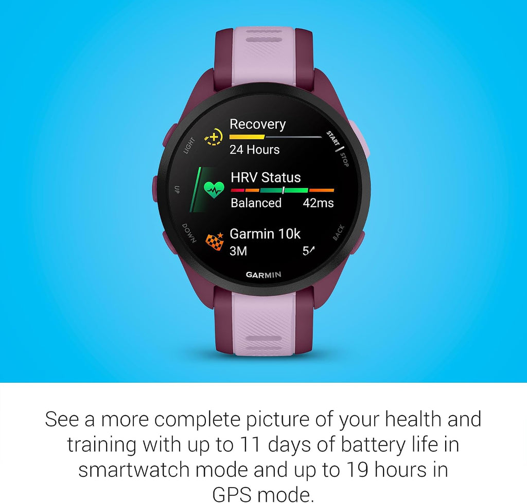 Garmin Forerunner 165 Music, Running Smartwatch, Colorful AMOLED Display, Training Metrics and Recovery Insights, Music on Your Wrist, Berry (Renewed)