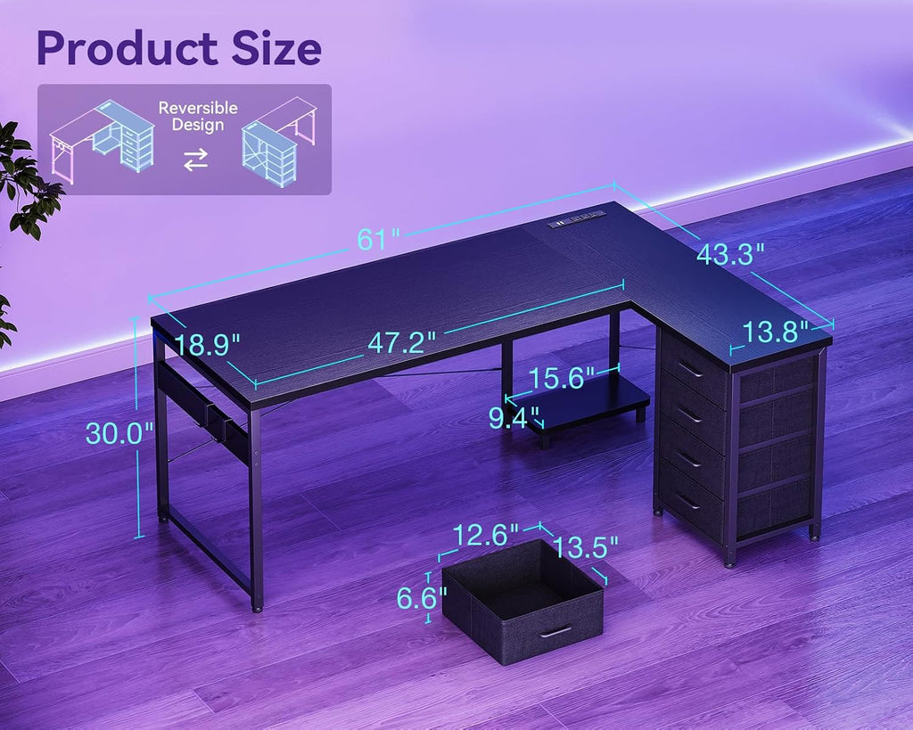 AODK L Shaped Gaming Desk with 4 Drawers, 61' Reversible Home Office Desks with Power Outlets, L Shaped Computer Desk with USB Charging Port and Host Stand, Corner Desk, Easy to Assemble, Black