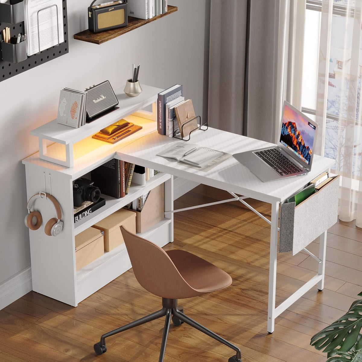 Bestier L Shaped Gaming Desk with LED Lights, 42 Inch Computer Desk with Monitor Stand & Open Storage Cabinet,Writing Study Corner Desk for Home Office Bedroom, White