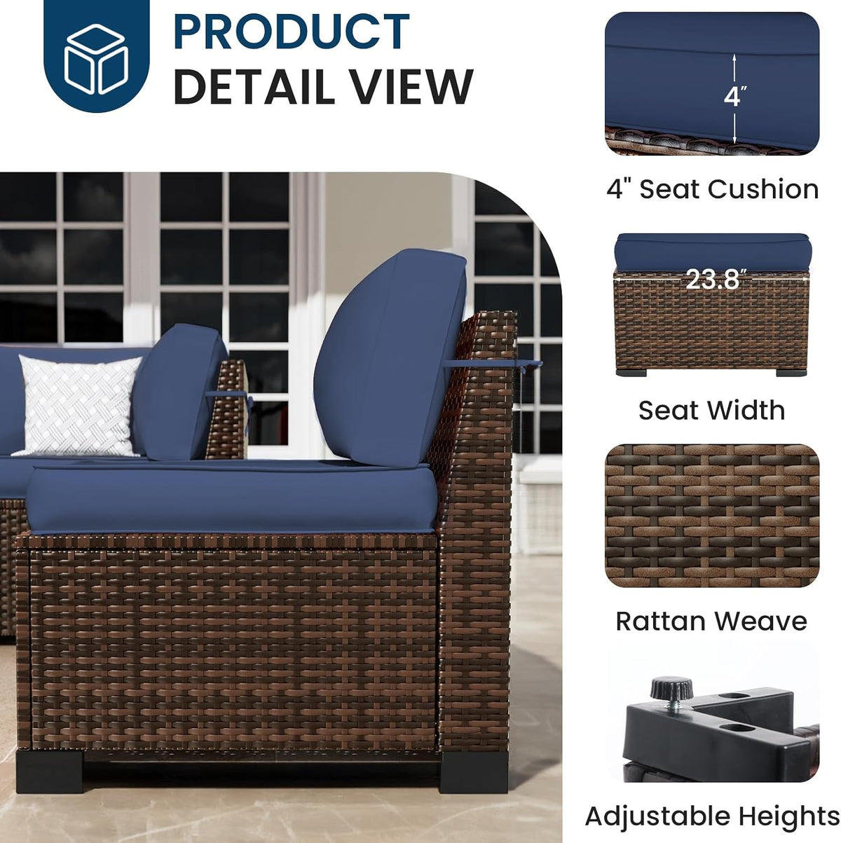 Amopatio 8-Piece Outdoor Patio Furniture Set with 44' Fire Pit Table, Modern Rattan Sectional Couch with Tempered Glass Coffee Table, Thickened Cushions and Include Waterproof Cover (Navy Blue)
