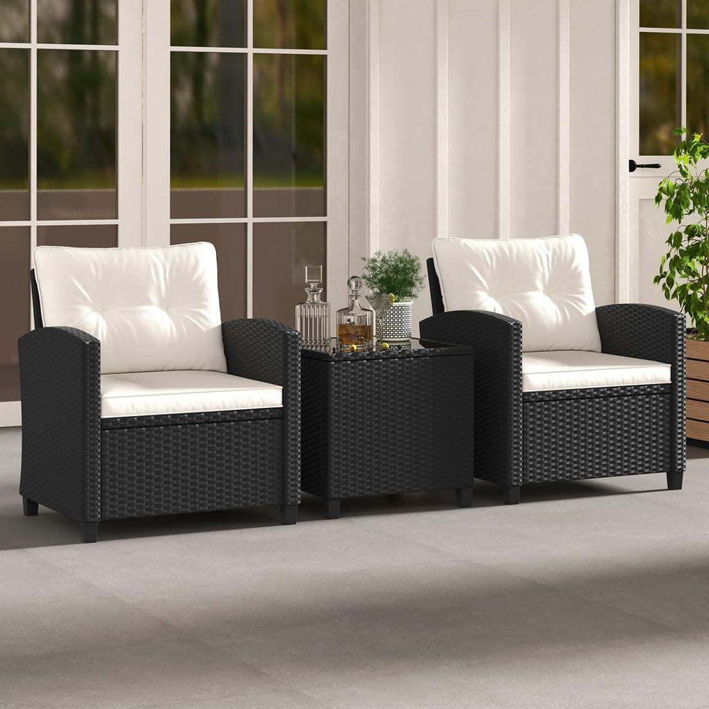HAPPYGRILL 3 Pieces Wicker Patio Conversation Set, PE Rattan Bistro Sofa Set with Tempered Glass Coffee Table, Washable Cushions, Outdoor Furniture Set for Garden Poolside Balcony (Off White)
