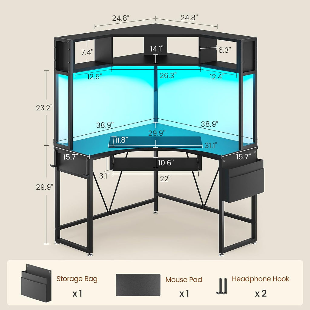 SEDETA Corner Desk, 39' W x 62' H Small Office Desk with Hutch & LED Lights, Triangle Gaming Computer Desk with Keyboard Tray, Storage Bag, and Headphone Hook for Small Space, Black