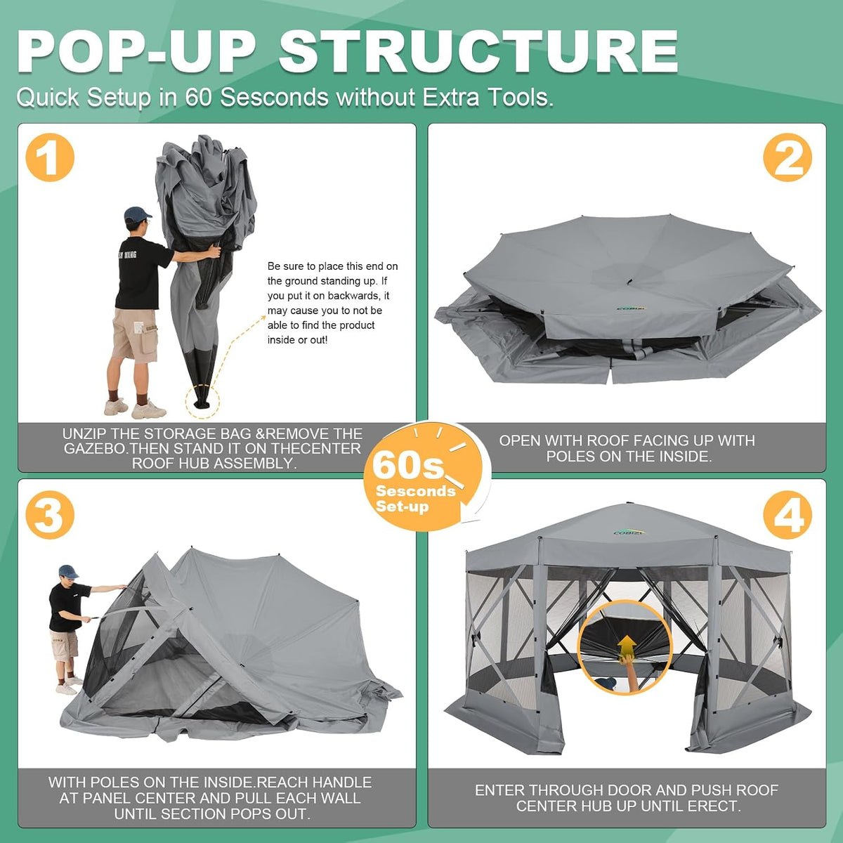 COBIZI 15x15ft Extra Large Pop-Up Gazebo Canopy Tent with Mosquito Netting, Spacious Easy Set-Up Screened Shelter, Durable Outdoor Pavilion with Ground Stakes, Perfect for Patio, Backyard, and Lawn