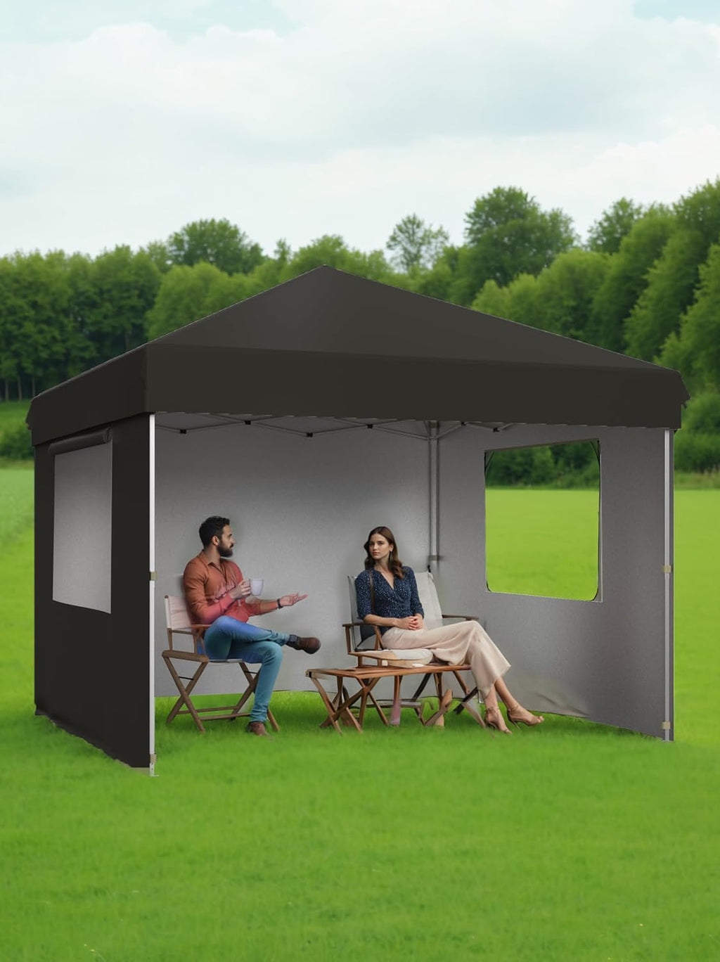 10x10 Pop Up Canopy with 3 Sidewalls - Outdoor Canopy Tent with Portable Roller Bag - One Button Push Setup, 3 Adjustable Height, 4 Weight Bags, 8 Stakes & 4 Guy Ropes Included, Black