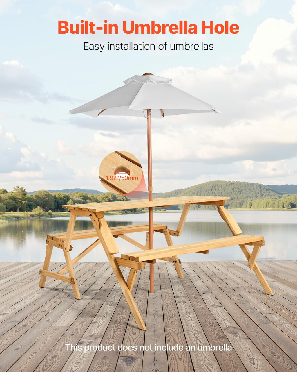 VEVOR 2-in-1 Transforming Interchangeable Picnic Table, Outdoor Wooden Table and Bench Set, Portable Foldable Bench with Umbrella Hole, Patio Dining Furniture for Garden, Backyard, Porch (Brown)