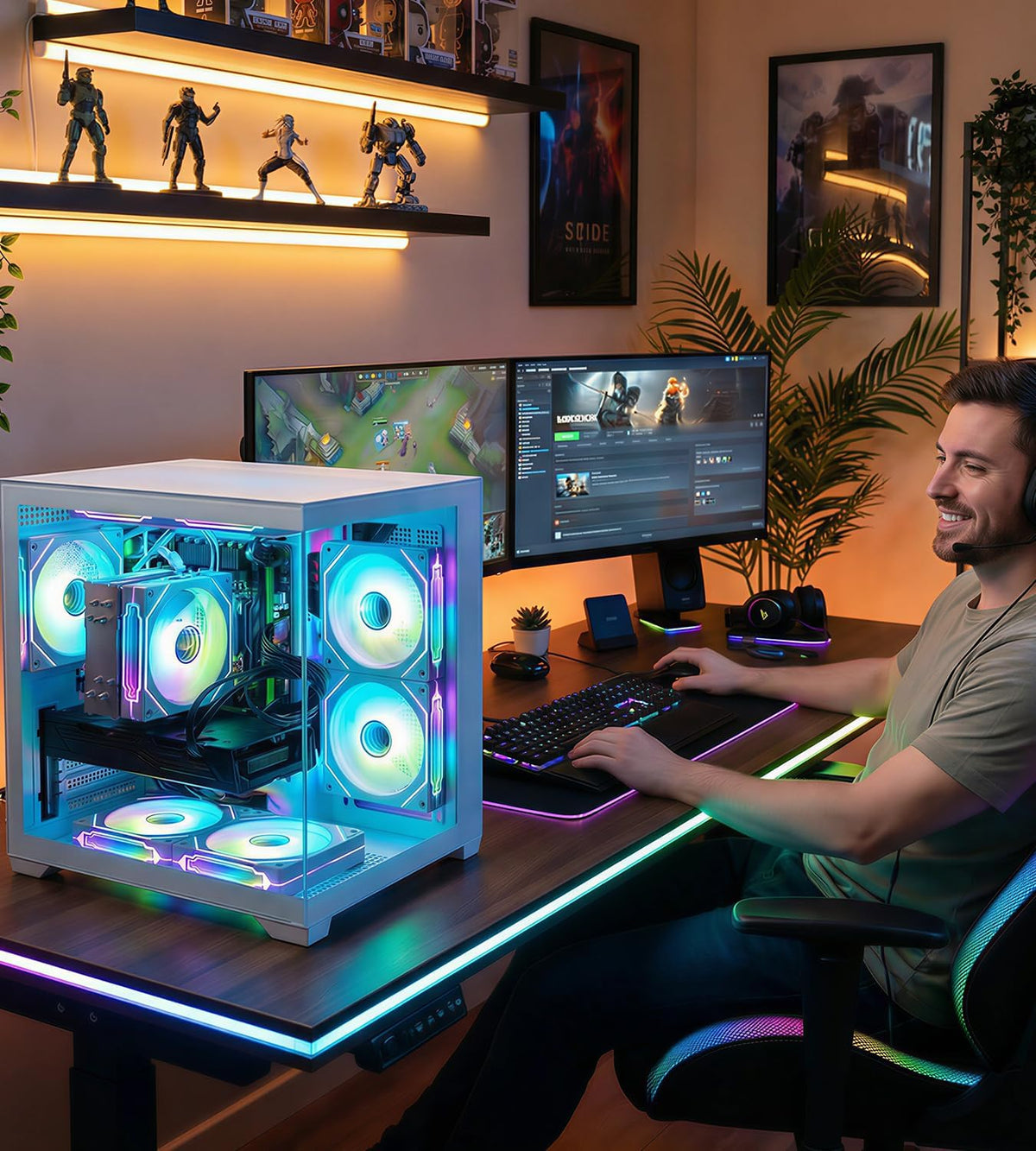 ARGB Gaming PC White Computer Desktop – Ryzen 5 5500 up to 4.2GHz, GeForce GT1030, 16GB DDR4 RAM, 1TB NVMe SSD, WiFi 6 & BT 5.4, Windows 11, 8× ARGB Fans, 650W PSU