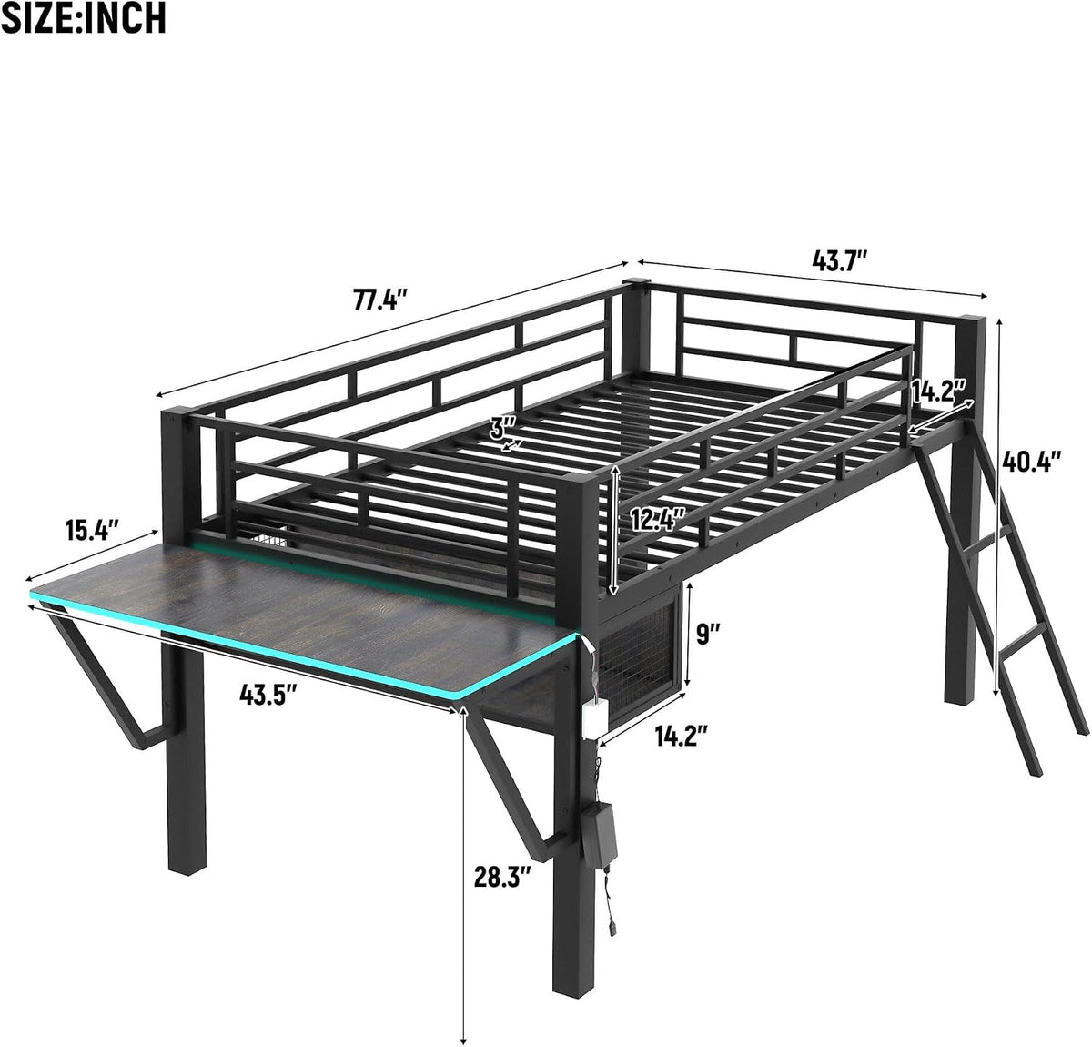 Bellemave Twin Loft Bed with Desk, Gaming mid loft Bed with Desk, LED for Adults, Teens, Kids, Black