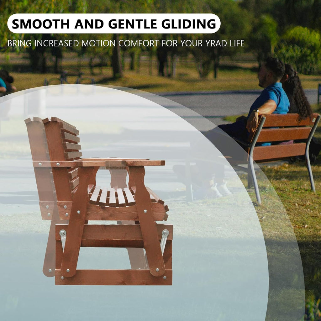 3-Seater Outdoor Glider Chair, 5FT Wood Porch Glider with High Roll Back, Cupholders and Deep Contoured for Porch, Garden, Cedar Brown