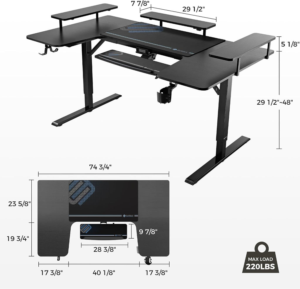 EUREKA ERGONOMIC Standing Desk with Keyboard Tray,U-Shaped 74 Inch Large Gaming Desk,Electric Height Adjustable Music Studio Desk w LED Convertible Shelves