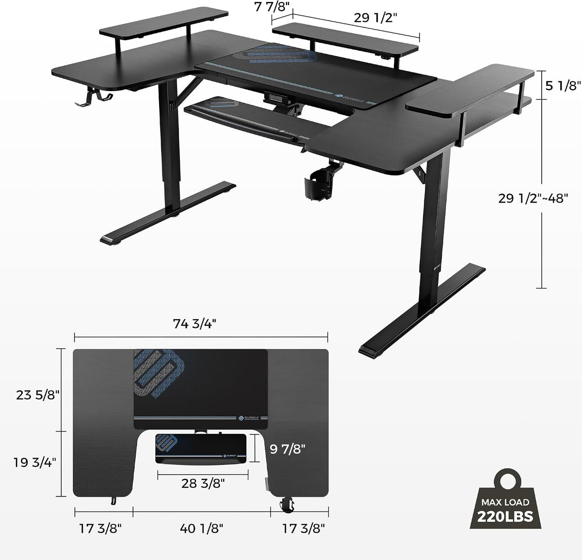EUREKA ERGONOMIC Standing Desk with Keyboard Tray,U-Shaped 74 Inch Large Gaming Desk,Electric Height Adjustable Music Studio Desk w LED Convertible Shelves