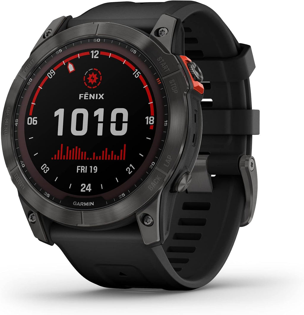 Garmin Fenix 7X Solar-Powered Waterproof 1.4-Inch Display Multisport GPS Watch with Built-in LED Flashlight and Bluetooth (Slate Gray with Black Band)