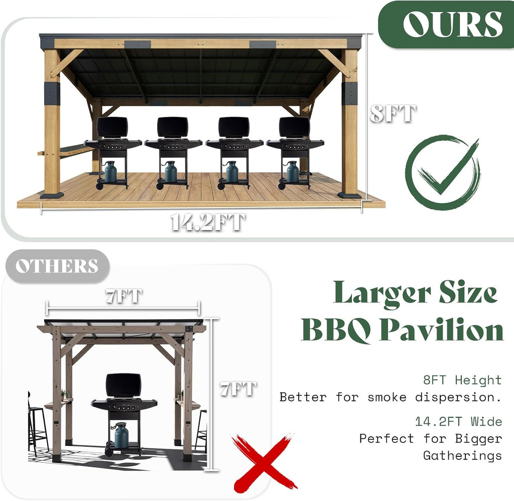 AMERLIFE 10x14 FT Spruce Wood Grill Gazebo with Bar Shelf, Hardtop BBQ Pavilion with Sloped Galvanized Steel Roof, Lean-to Outdoor Pergola for Deck, Backyard, Garden