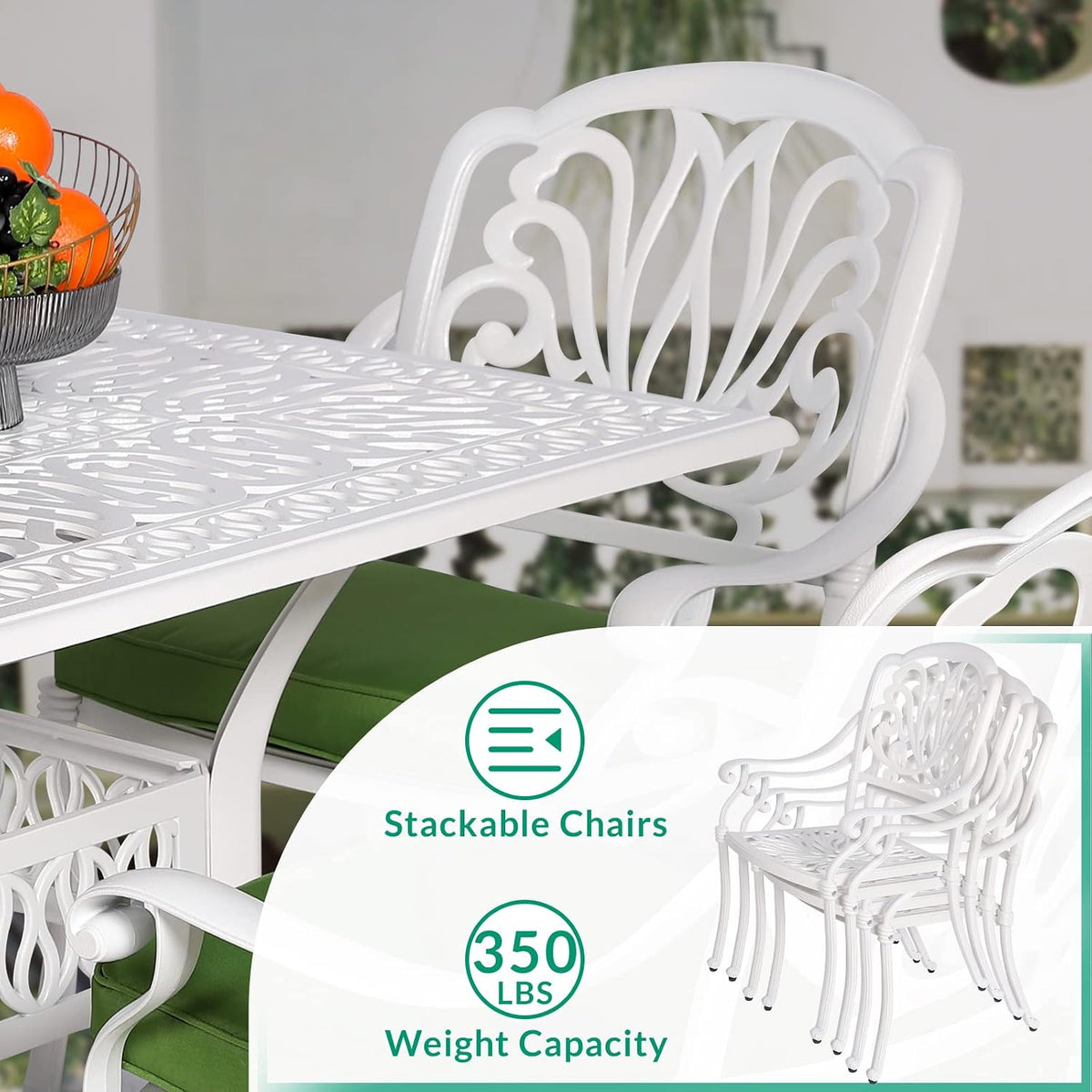 VIVIJASON 5-Piece Patio Furniture Dining Set, All-Weather White Cast Aluminum Outdoor Conversation Set, Include 4 Cushioned Chairs and a 35.4' Square Table w/Umbrella Hole for Balcony Lawn Garden