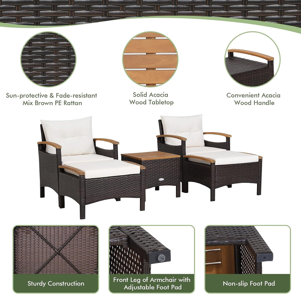HAPPYGRILL 5 Pieces Patio Furniture Set Outdoor PE Wicker Lounge Chair and Ottoman Set with Cushions and Side Table with Acacia Wood Tabletop, Outdoor Conversation Set for Garden Poolside Backyard