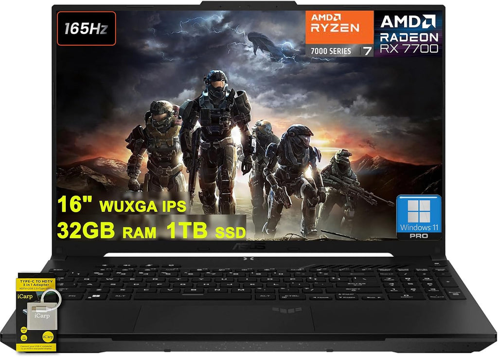 ASUS TUF Gaming A16 Laptop 16' WUXGA 165Hz 100% sRGB AMD 8-core Ryzen 7 7735HS 32GB DDR5 1TB SSD Radeon RX 7700S (>RTX4060) Backlit USB4 AI Noise Cancelation Win11Pro w/ICP Accessory