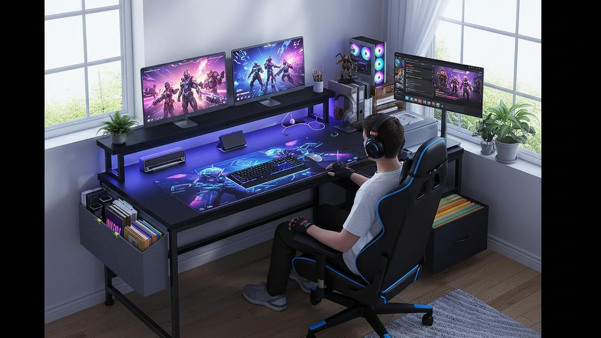 DurayLoly Gaming Desk with Monitor Stand,Computer Desk with LED Lights &Power Outlets,Office Desk with Drawers & Printer Shelf,Writing Table with Side Storage Bag,57' W x 20' D x 36' H,Black Desk