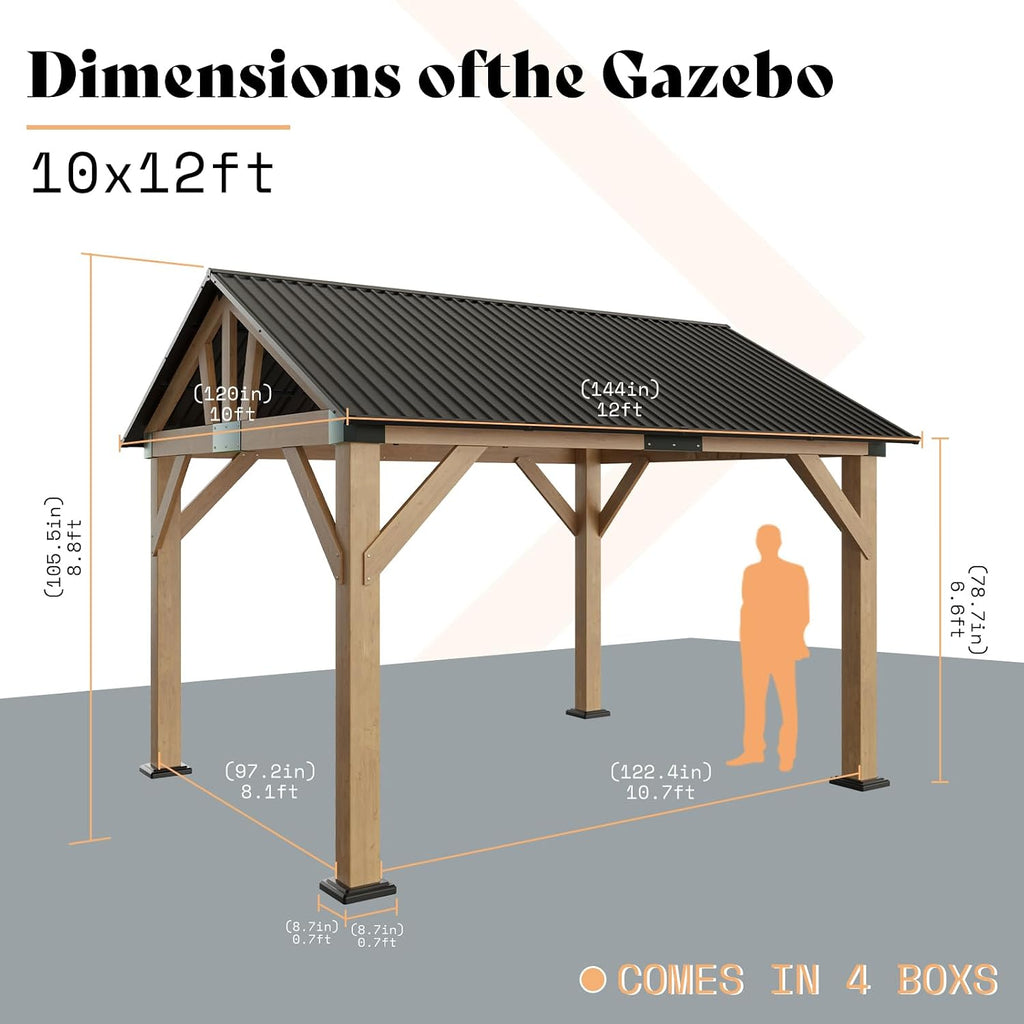 AMERLIFE 10x12 ft Spruce Wood Gazebo, Hardtop Pergola with Metal Steel Roof, Outdoor Gazebo with Guest House for Garden, Porch, Patio, Black + Natural Wood