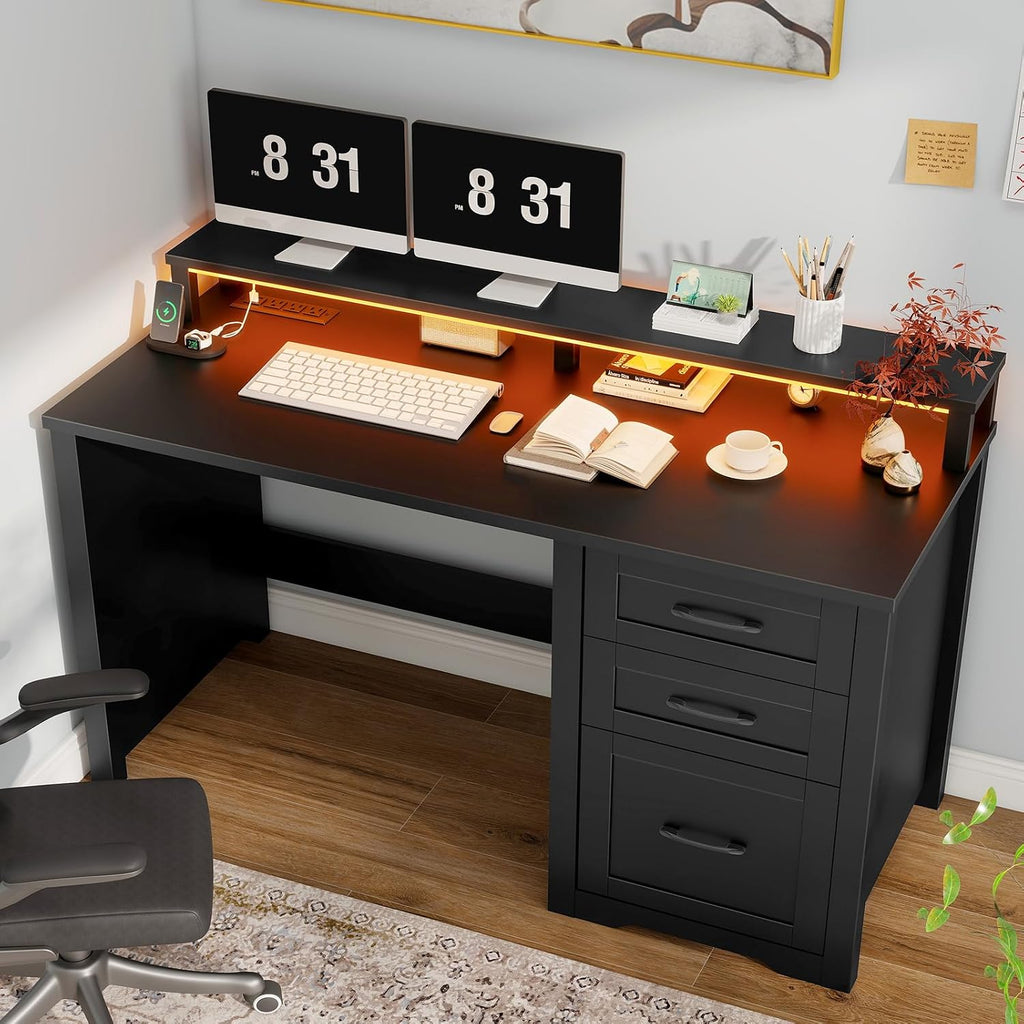 Vabches 47' Farmhouse Executive Desk with Monitor Stand & File Cabinet,3 Drawers Computer Desk with LED Lights and Power Outlets,Workstation for Home Office, Study,Writing.Pure Black