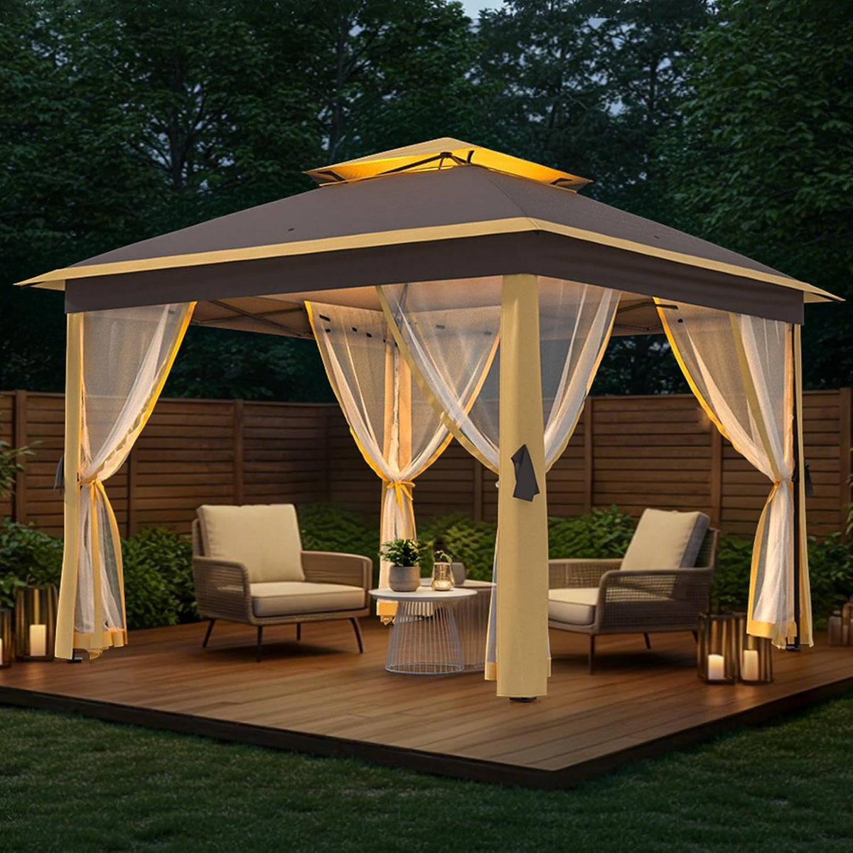 Garvee 11x11 ft Outdoor Gazebo, Heavy Duty Gazebo with Sturdy Metal Frame & Double Roofs, Patio Shelter with Mosquito Netting, Ideal for Backyard, Garden, Lawn, Deck, Khaki
