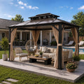 EROMMY 10' x 13' Gazebo Polycarbonate Double Roof Canopy Outdoor Aluminum Frame Pergola, Permanent Pavilion with Netting and Curtains for Garden Patio Lawns Parties