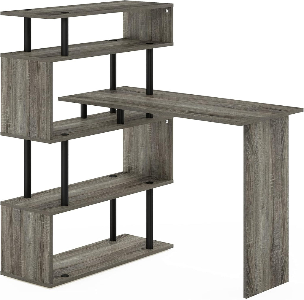 Furinno Classic L Shape Computer Desk, Gaming Desk, Office Desk with 5-Tier Shelves, 40' Wide, for Home Office, Study, Gaming, Grey Oak