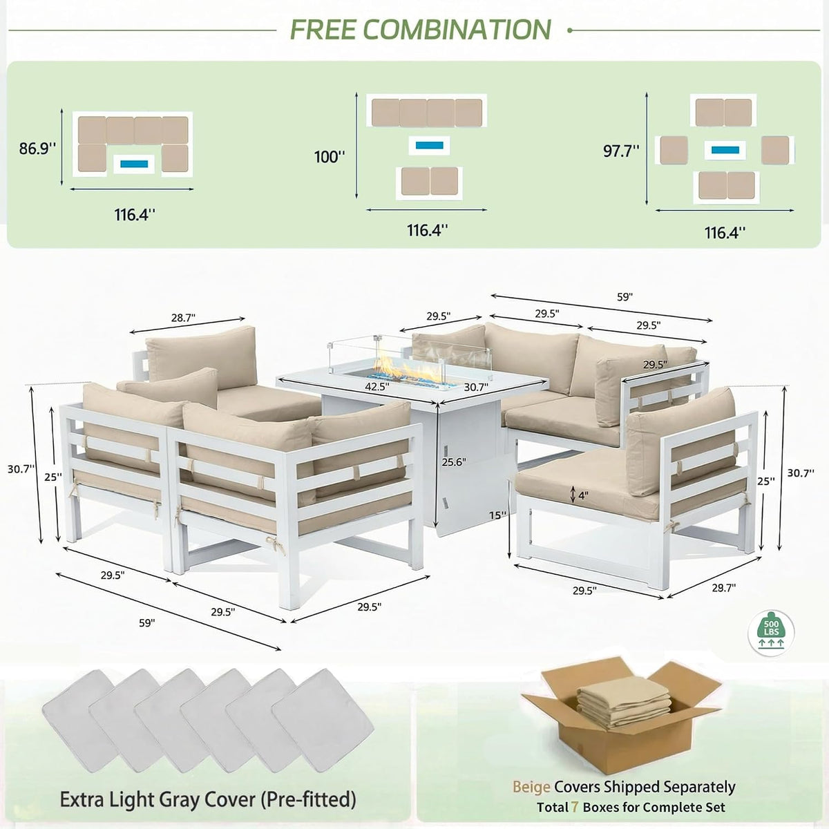 RADIATA 6 Seat Large Luxury Aluminum Patio Conversation Set with Fire Pit Table, 29 inch Wide Deep Seated, U Shaped Sectional Couch, 500 lbs Heavy Duty All Weather Outdoor Sofa for Backyard, Beige