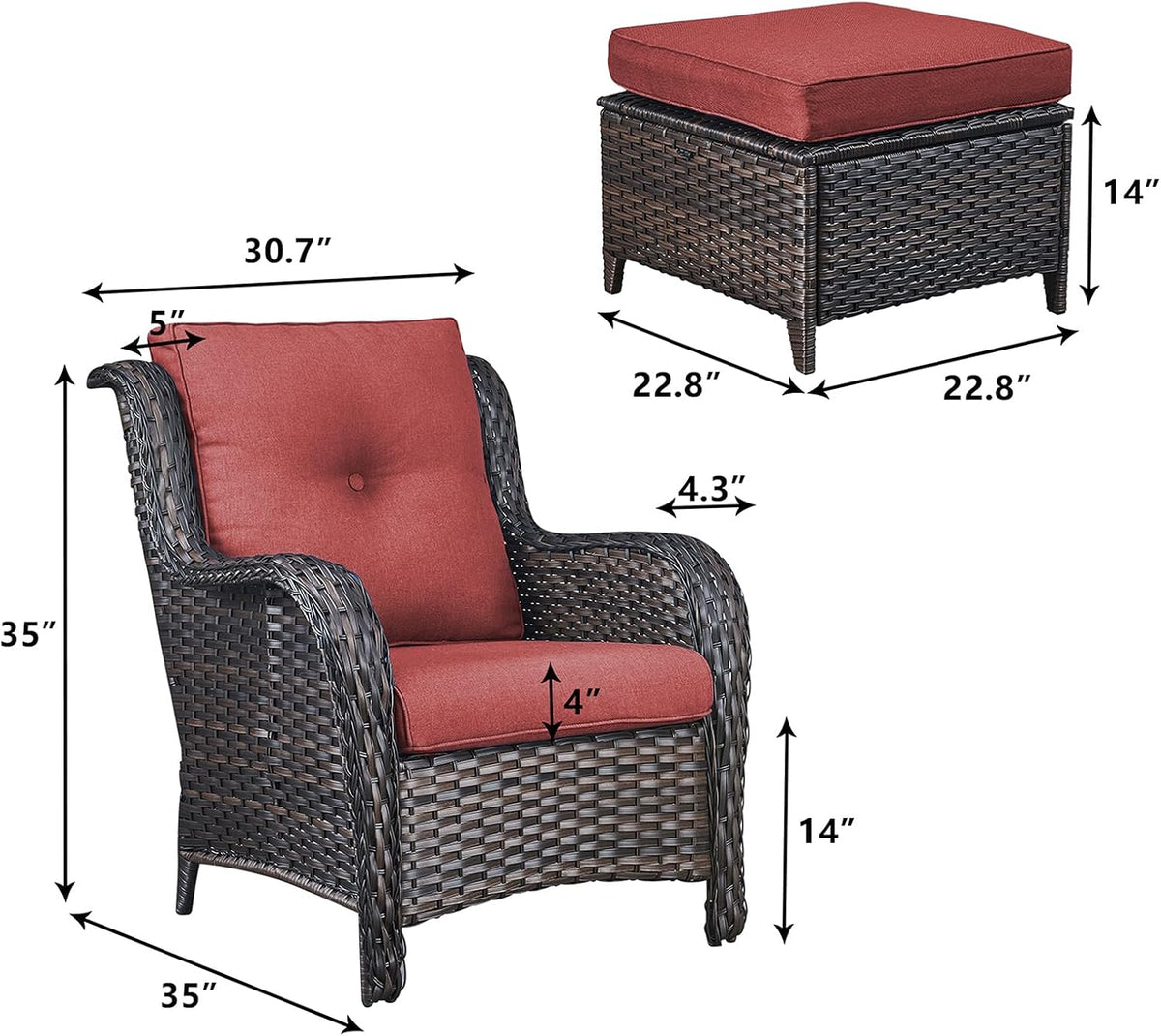 Rilyson Outdoor Patio Furniture Chairs Set - 4 Piece Wicker Rattan Patio Sectional Conversation Sets with 2 Chairs and 2 Ottomans for Porch Deck Balcony Garden(Brown/Red)