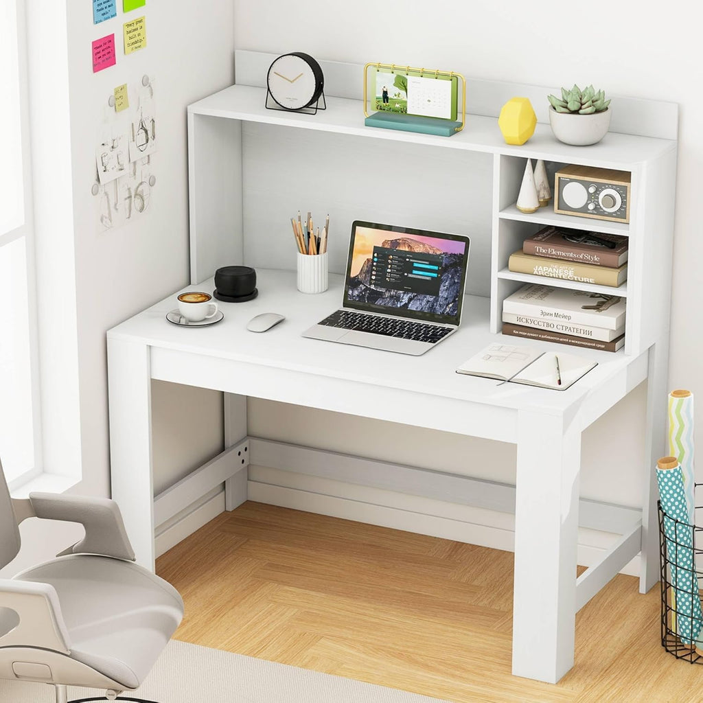 Tangkula 48' Computer Desk with Hutch, Home Office Writing Study Desk with Storage Shelves, Cable Management Hole, Laptop Desk, Desk for Bedroom, Computer Workstation (White)