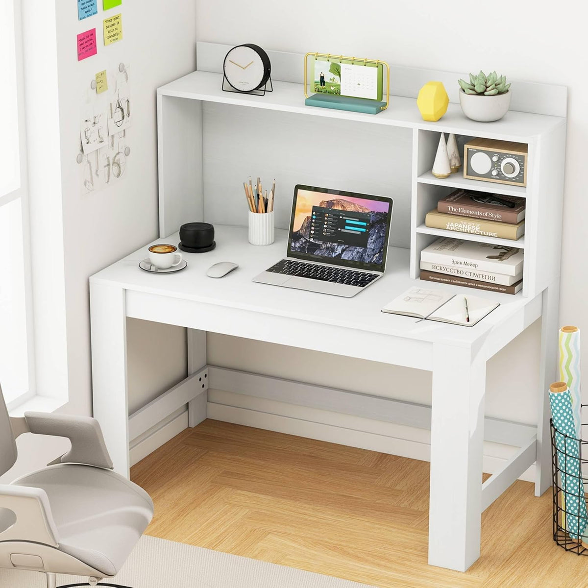 Tangkula 48' Computer Desk with Hutch, Home Office Writing Study Desk with Storage Shelves, Cable Management Hole, Laptop Desk, Desk for Bedroom, Computer Workstation (White)