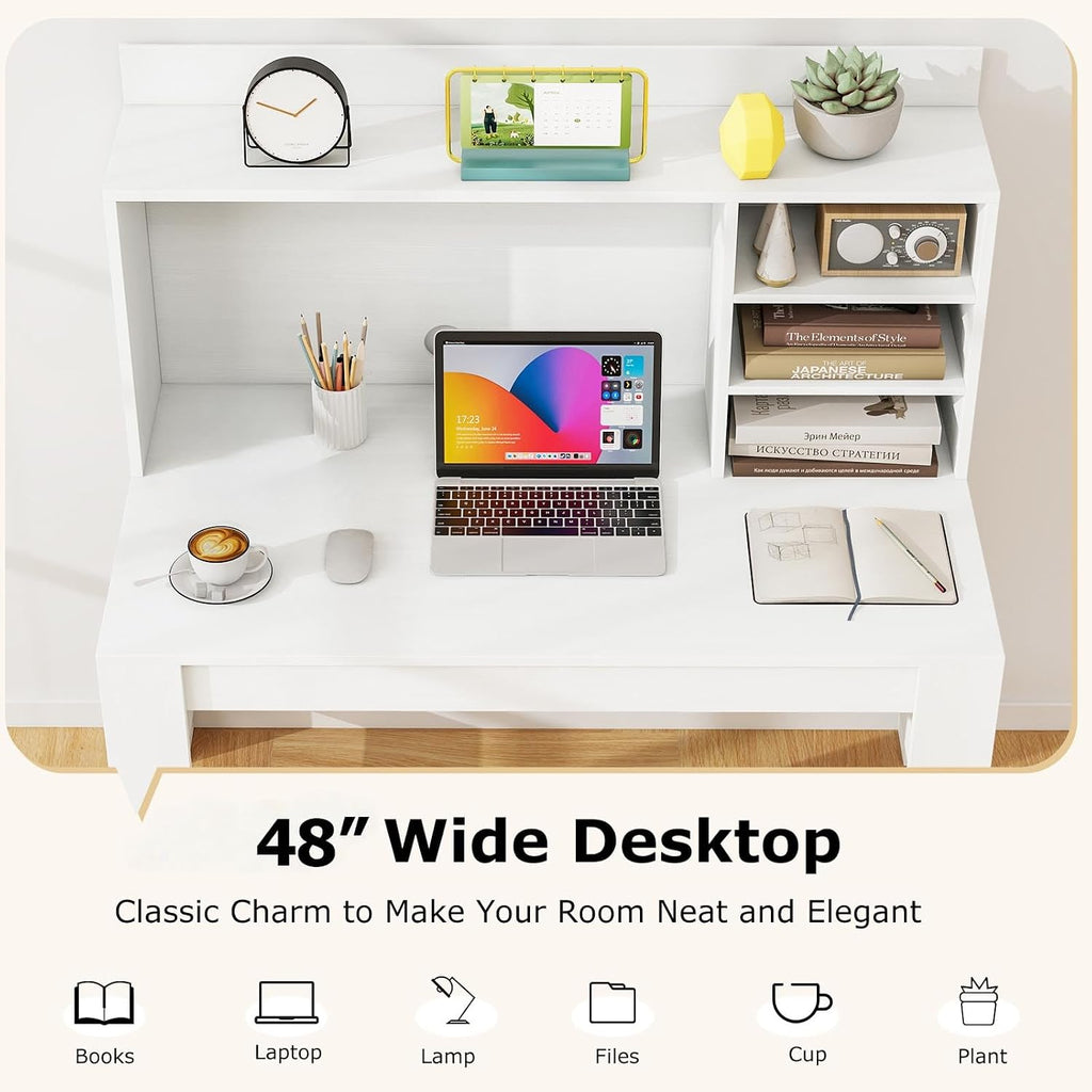 Tangkula 48' Computer Desk with Hutch, Home Office Writing Study Desk with Storage Shelves, Cable Management Hole, Laptop Desk, Desk for Bedroom, Computer Workstation (White)