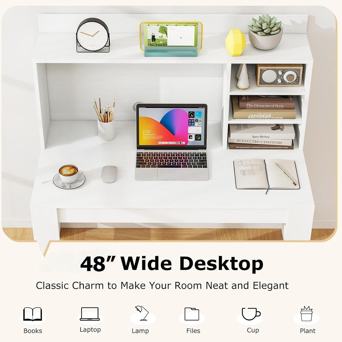 Tangkula 48' Computer Desk with Hutch, Home Office Writing Study Desk with Storage Shelves, Cable Management Hole, Laptop Desk, Desk for Bedroom, Computer Workstation (White)