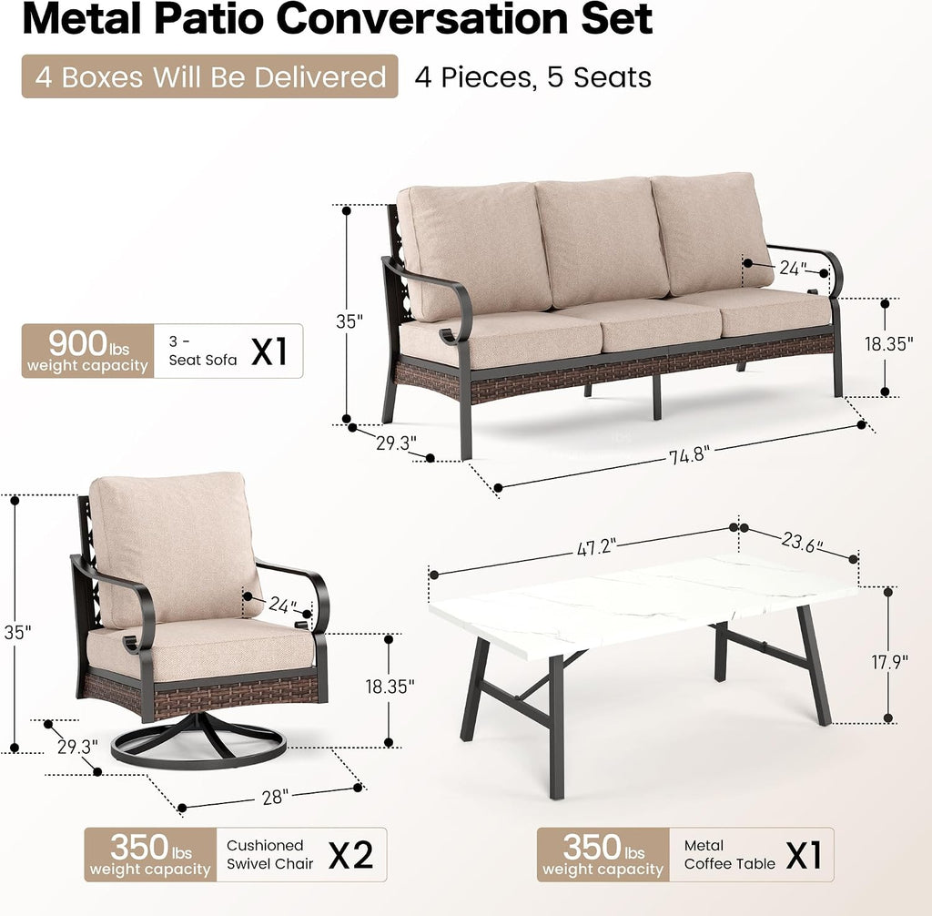 SUNSHINE VALLEY 4 PCS Metal Outdoor Patio Furniture Set, Patio Conversation Sets 1 3-Seater Sofa, 2 Swivel Chairs with 5.75' Extra Thick Cushion & Coffee Table, Black Frame Backyard Furniture, Beige