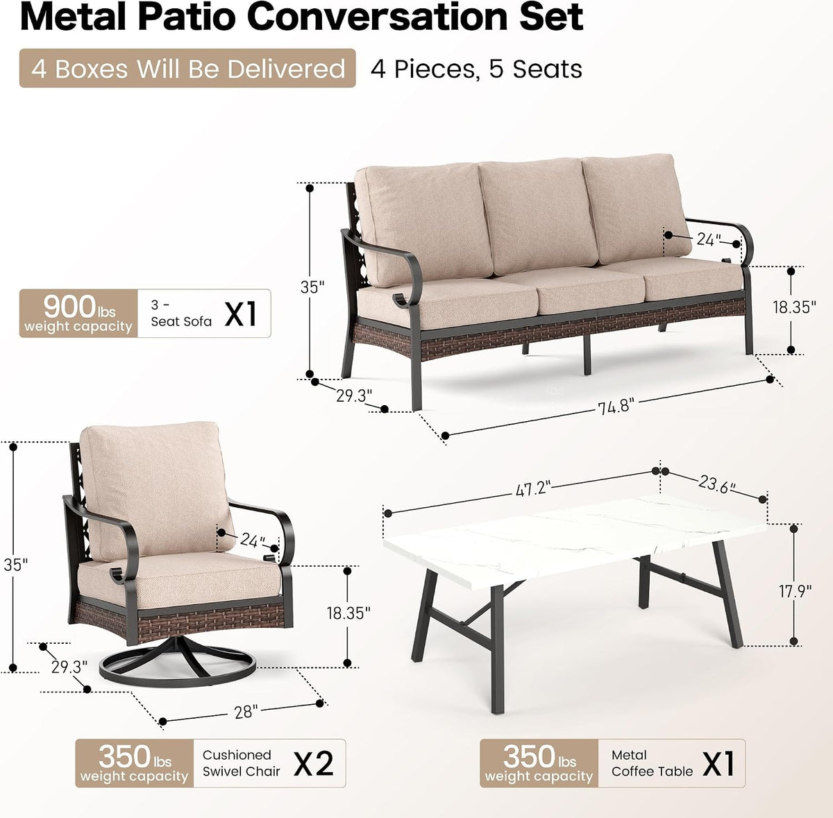 SUNSHINE VALLEY 4 PCS Metal Outdoor Patio Furniture Set, Patio Conversation Sets 1 3-Seater Sofa, 2 Swivel Chairs with 5.75' Extra Thick Cushion & Coffee Table, Black Frame Backyard Furniture, Beige