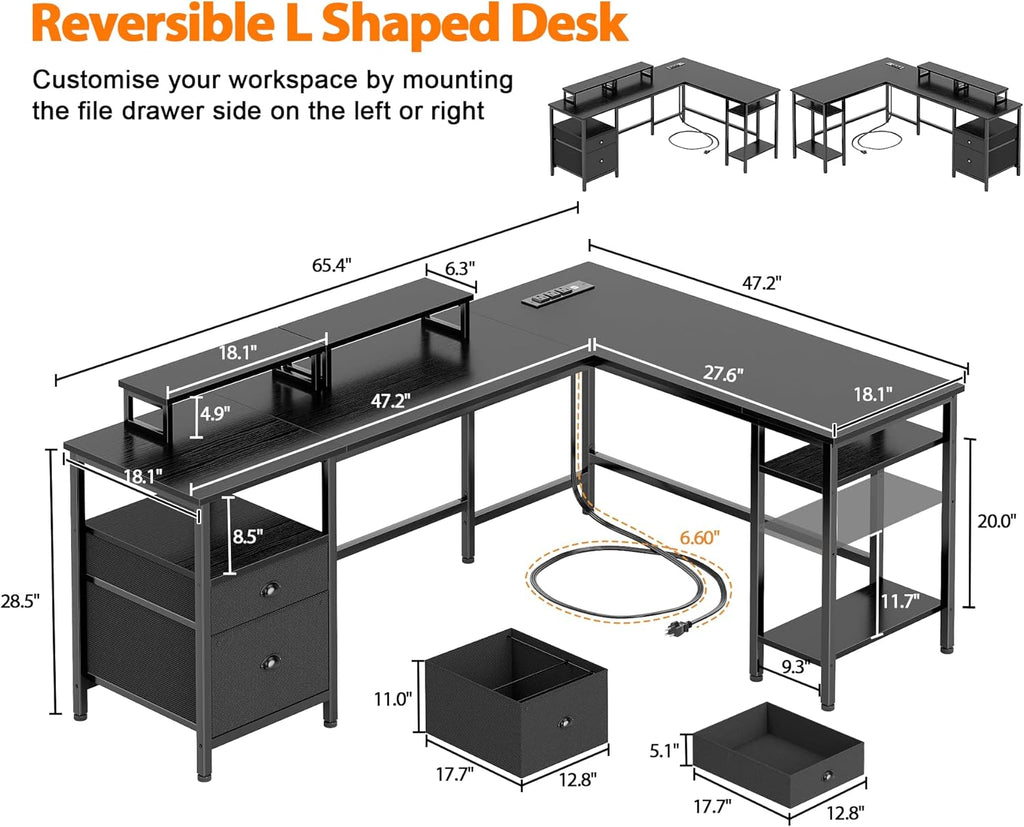 Furologee 66' L Shaped Desk with Power Outlet, Reversible Computer Gaming Desk with File Drawer & 2 Monitor Stands for Home Office with Storage Shelves, Black