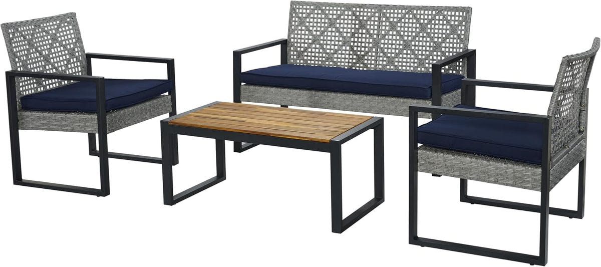 BEEFURNI Wicker Patio Furniture Outdoor Conversation Set of 4, Rattan Outdoor Furniture Set, Acacia Wood Table, 2 Chairs, 1 Loveseat, 2' Cushions, All Weather Set for Patio, Porch, Balcony (Gray)