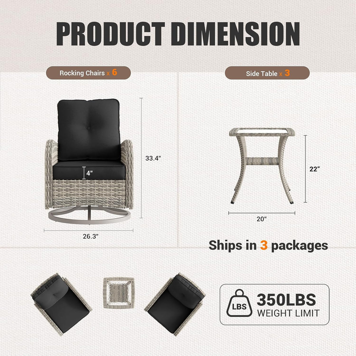 9-Piece Patio Rocking Swivel Chair Outdoor Wicker Rattan Bistro Set with Tempered Glass Side Table, Outdoor Patio Furniture Set for Garden, Deck, and Balcony, Dark Grey