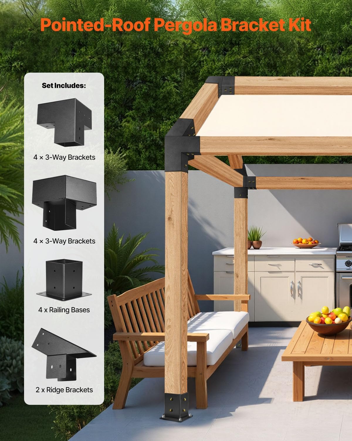 VEVOR Pergola Kit, 4x4 Inch Pointed-Roof Pergola Brackets for 3.5x3.5 in Lumbers in Actual Size, 3-Way / 4-Way Gazebo Bracket with Post Bases & Ridge Brackets for Outdoor Pergolas Gazebo Shed, 14 Pcs