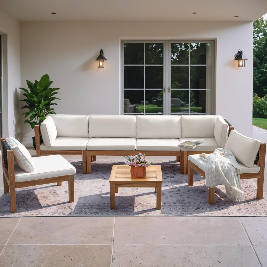 Greesum 7 Pieces Small Patio Sofa, Acacia Wood Frame, Padded Patio Conversation and Chairs Set for Garden, Backyard, Poolside, Beige