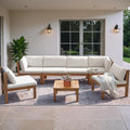 Greesum 7 Pieces Small Patio Sofa, Acacia Wood Frame, Padded Patio Conversation and Chairs Set for Garden, Backyard, Poolside, Beige