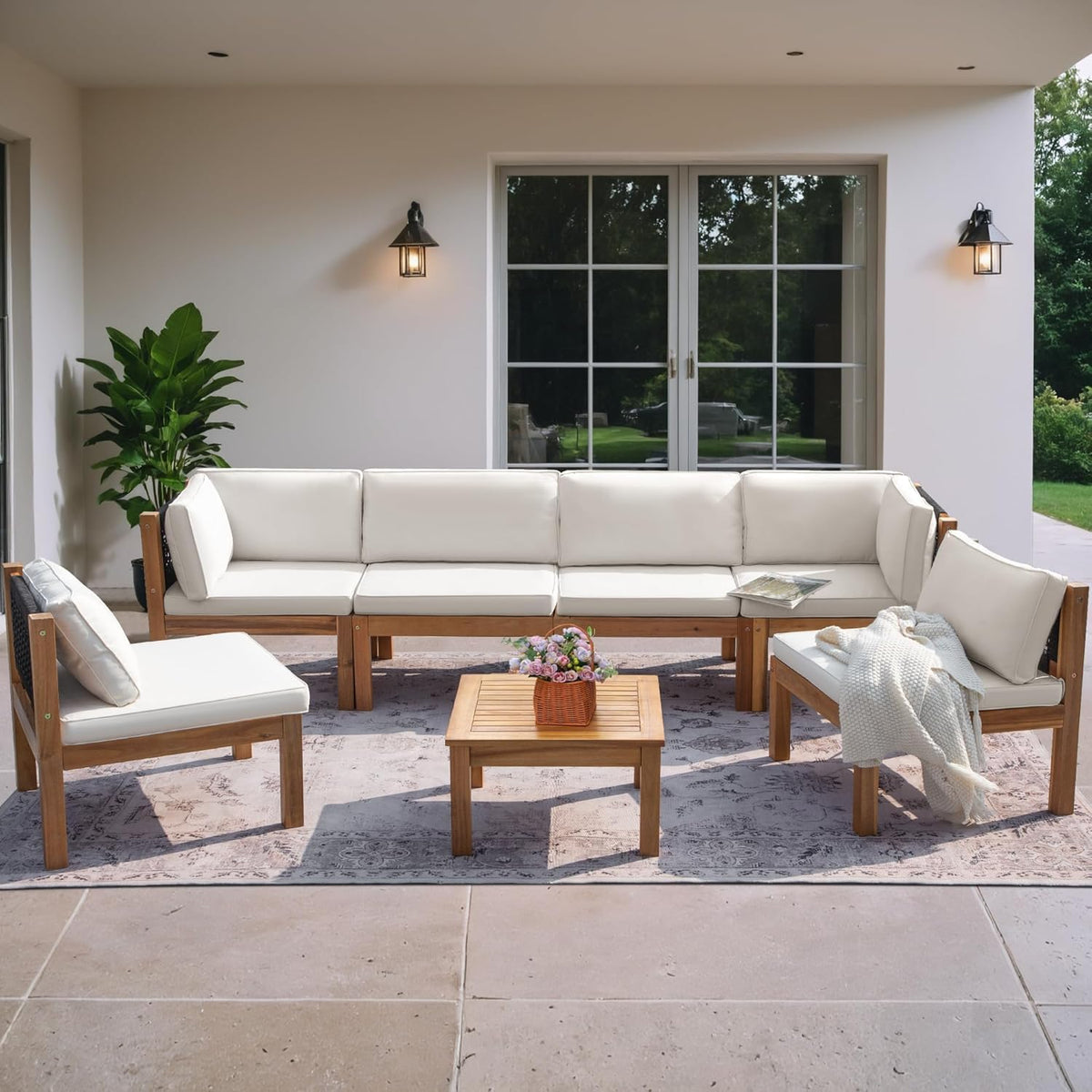 Greesum 7 Pieces Small Patio Sofa, Acacia Wood Frame, Padded Patio Conversation and Chairs Set for Garden, Backyard, Poolside, Beige